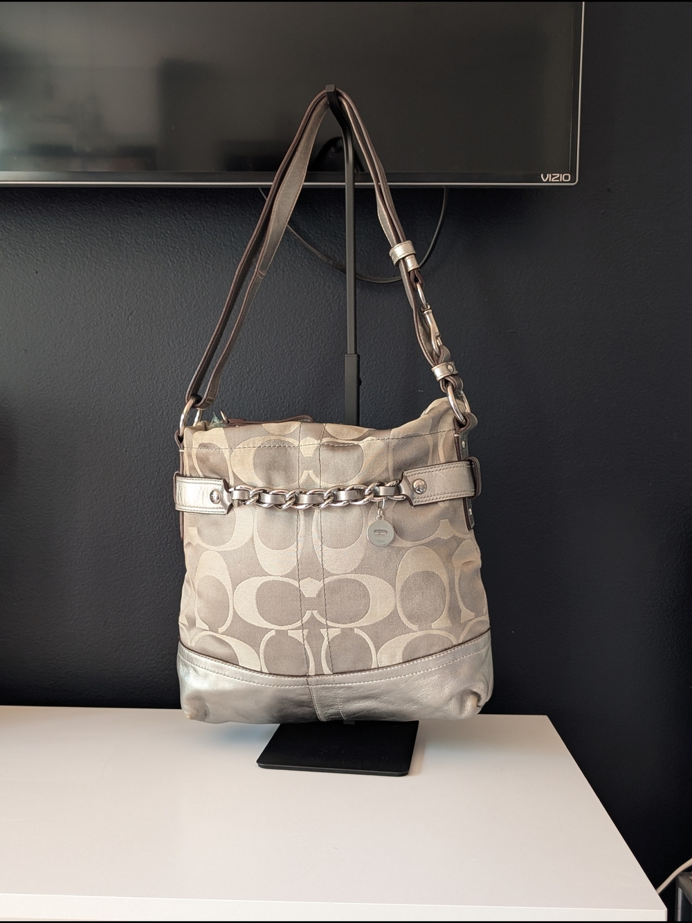 Coach Signature C Jacquard Silver/Pewter Crossbody with Silver Hardware
